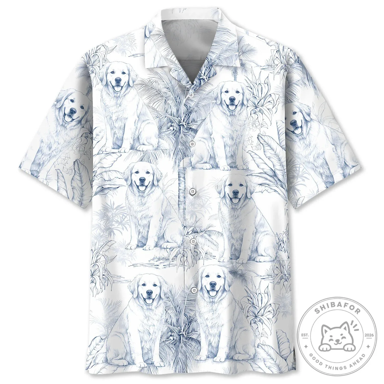 Golden Retriever Dog Blue and White Pattern Hawaiian Shirt