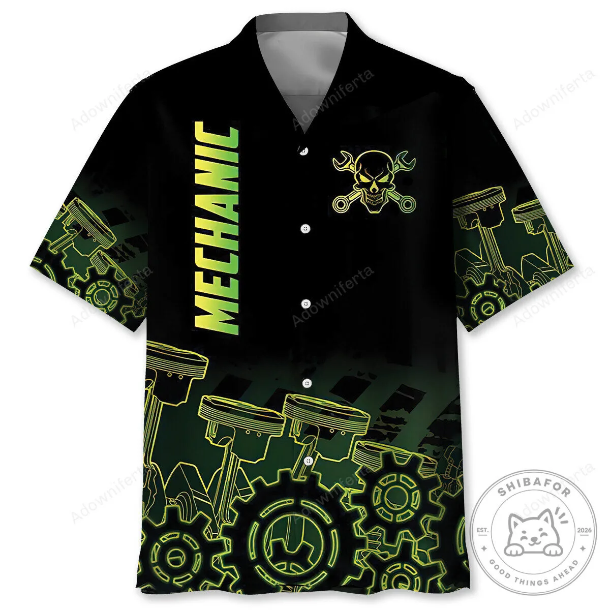 Mechanic Neon Skull and Pistons Hawaiian Shirt