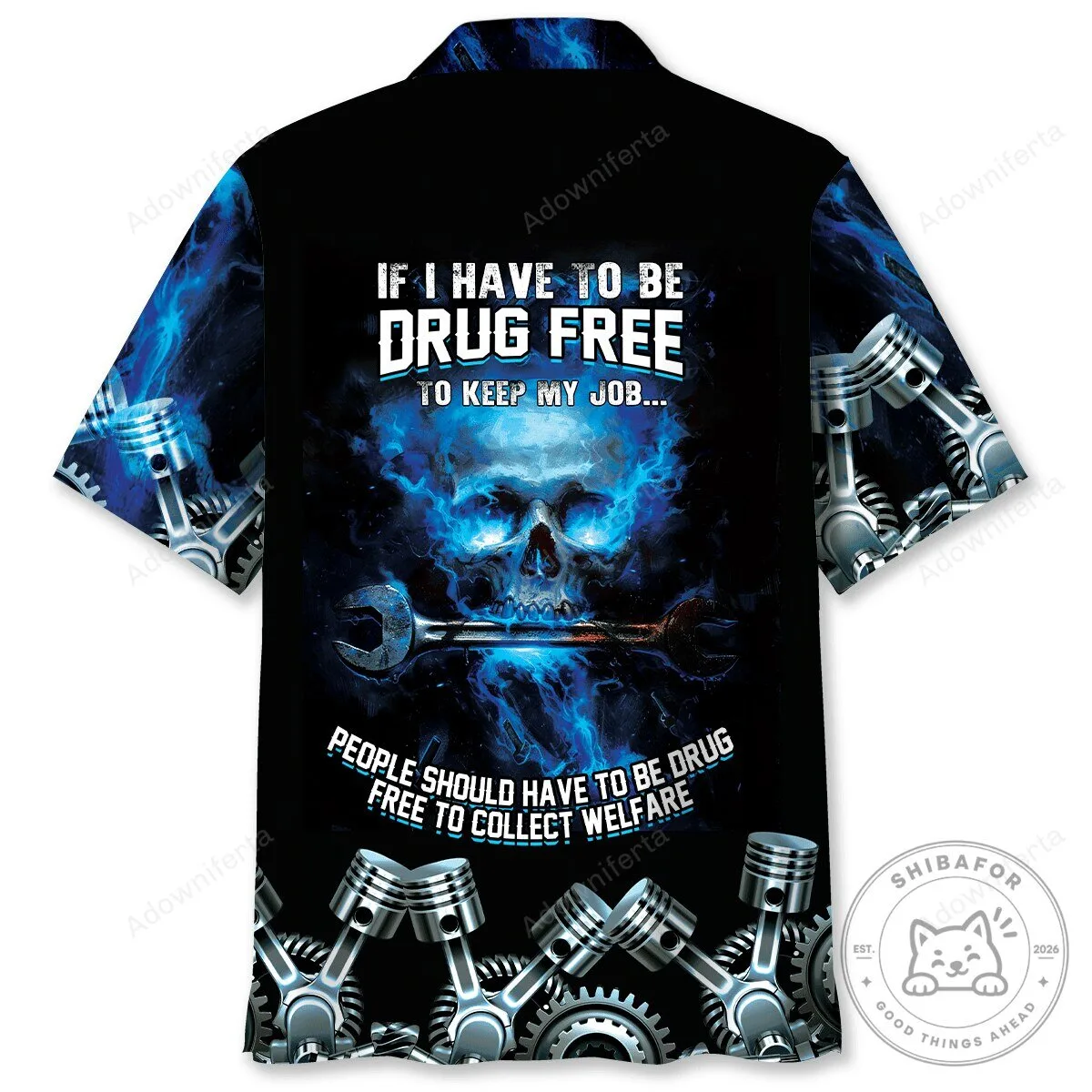 Mechanic Shirt Drug Free Skull Engine Piston Hawaiian Shirt