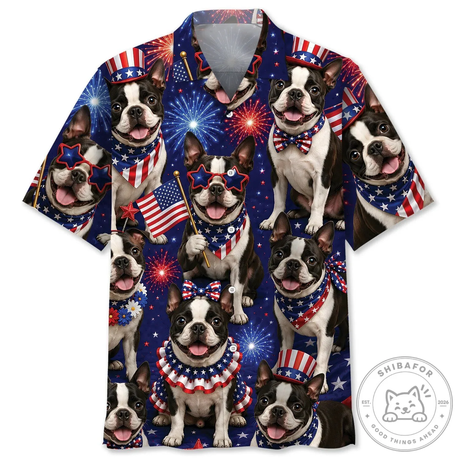 Patriotic Boston Terrier Dog Fourth of July Celebration Hawaiian Shirt