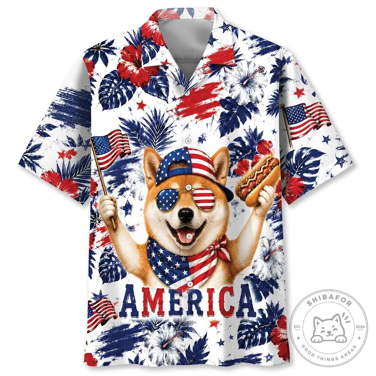 Patriotic Shiba Inu Dog American Flag Hotdog Hawaiian Shirt