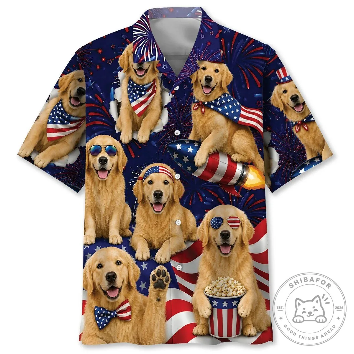 Golden Retriever Fourth of July Patriotic Hawaiian Shirt
