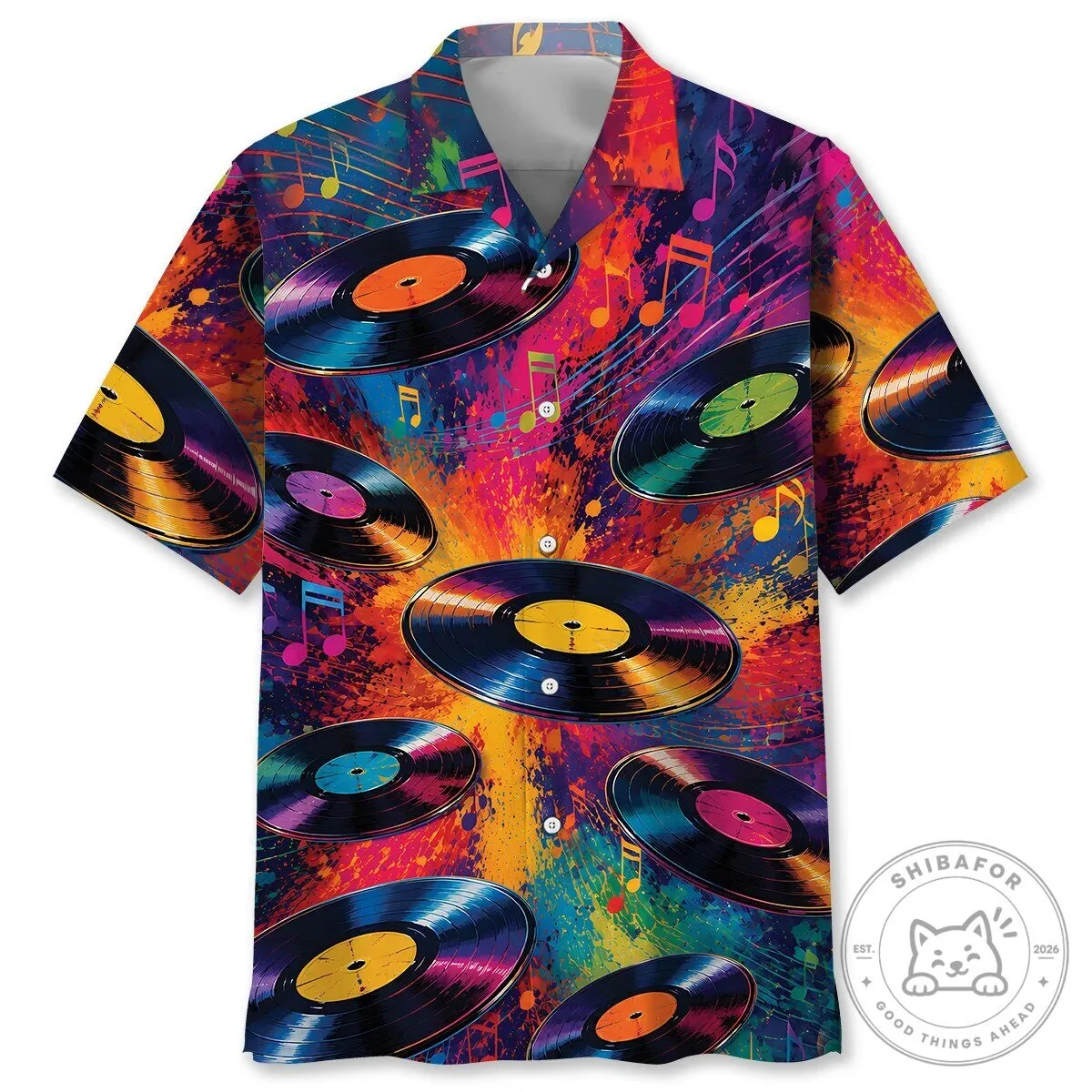 Colorful Vinyl Record Art Hawaiian Shirt, Music Notes Vintage Style