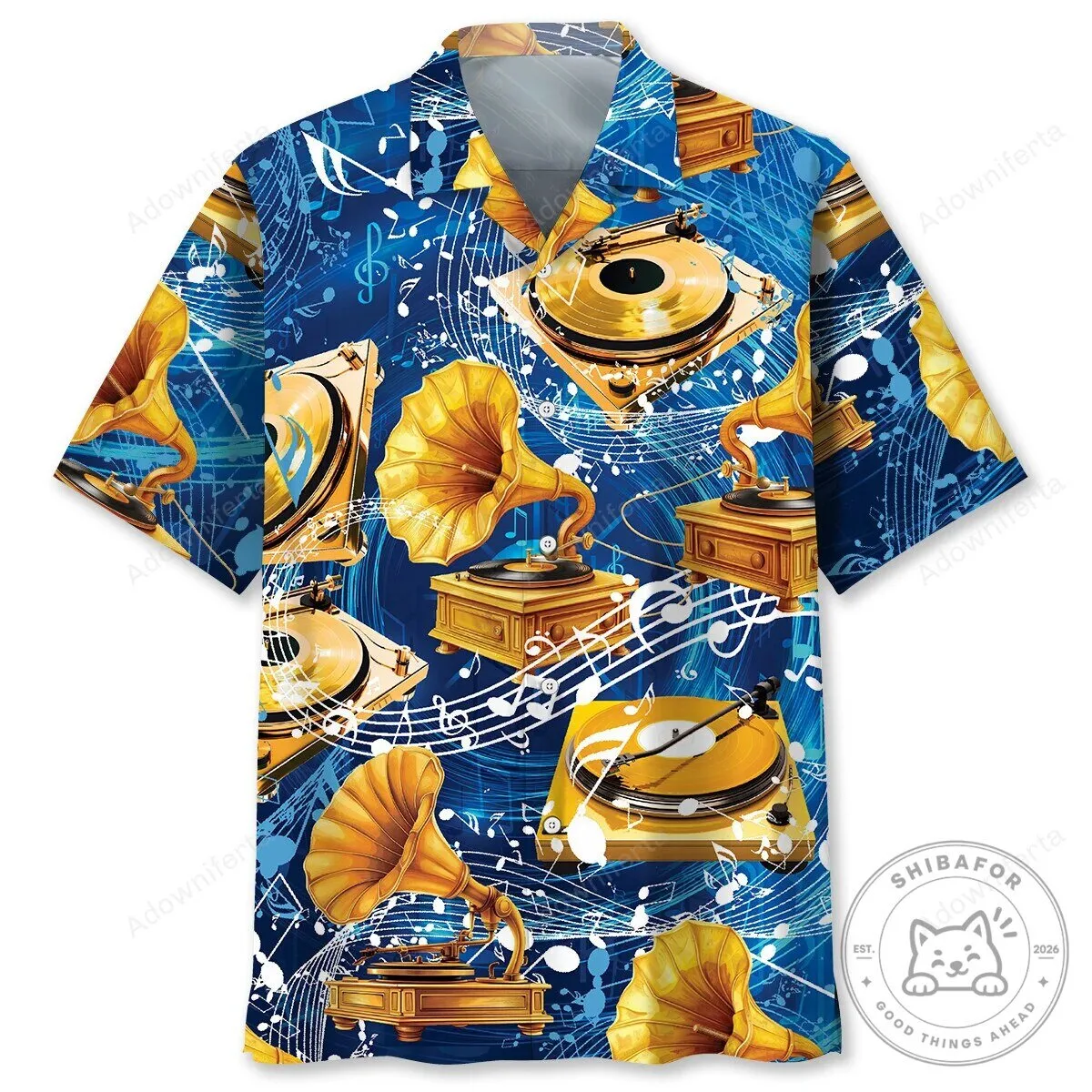 Gold Vinyl Record Hawaiian Shirt, Vintage Gramophone Music Notes Button Up 2 Gold Vinyl Record Hawaiian Shirt, Vintage Gramophone Music Notes Button Up