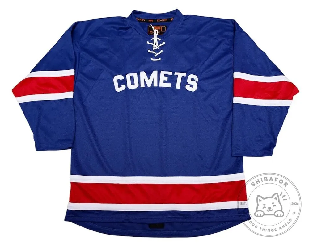 Clinton Comets Blue and Red Striped Hockey Jersey with Lace-Up Neck