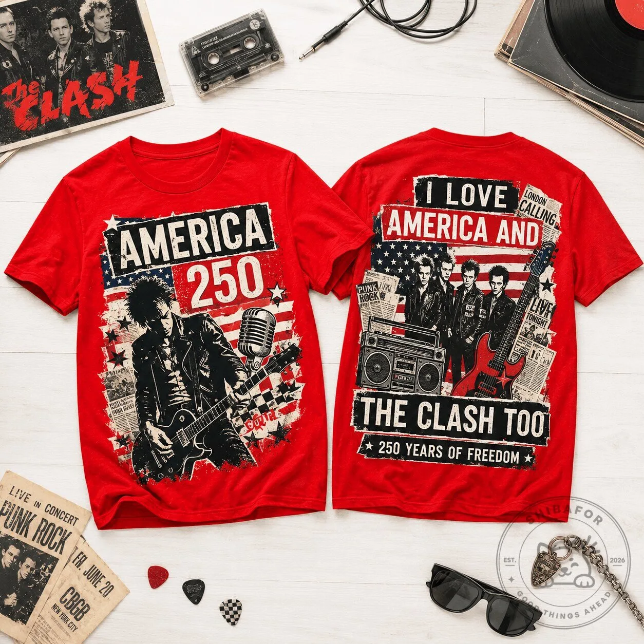 The Clash American Flag 250 Years Graphic T-Shirt for Punk Rock Fans