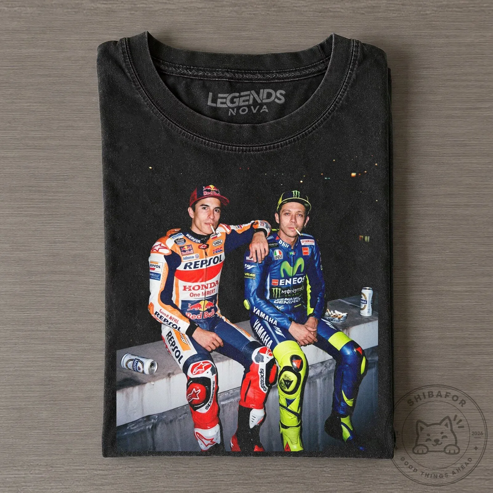 Black T-Shirt featuring MotoGP Racing Legends Valentino Rossi and Marc Marquez