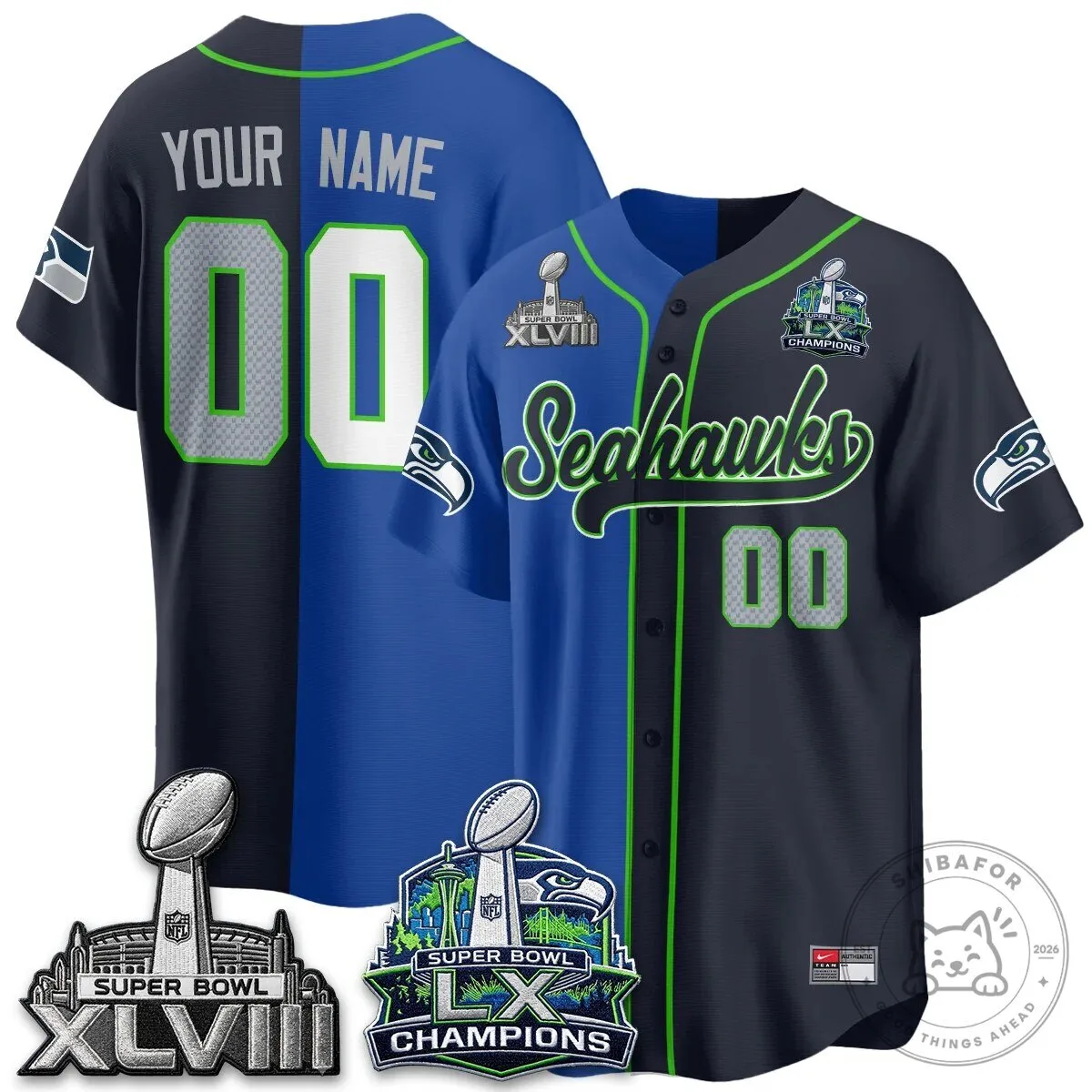Split Baseball Jersey of Super Bowl XLVIII Champions - Seattle Seahawks