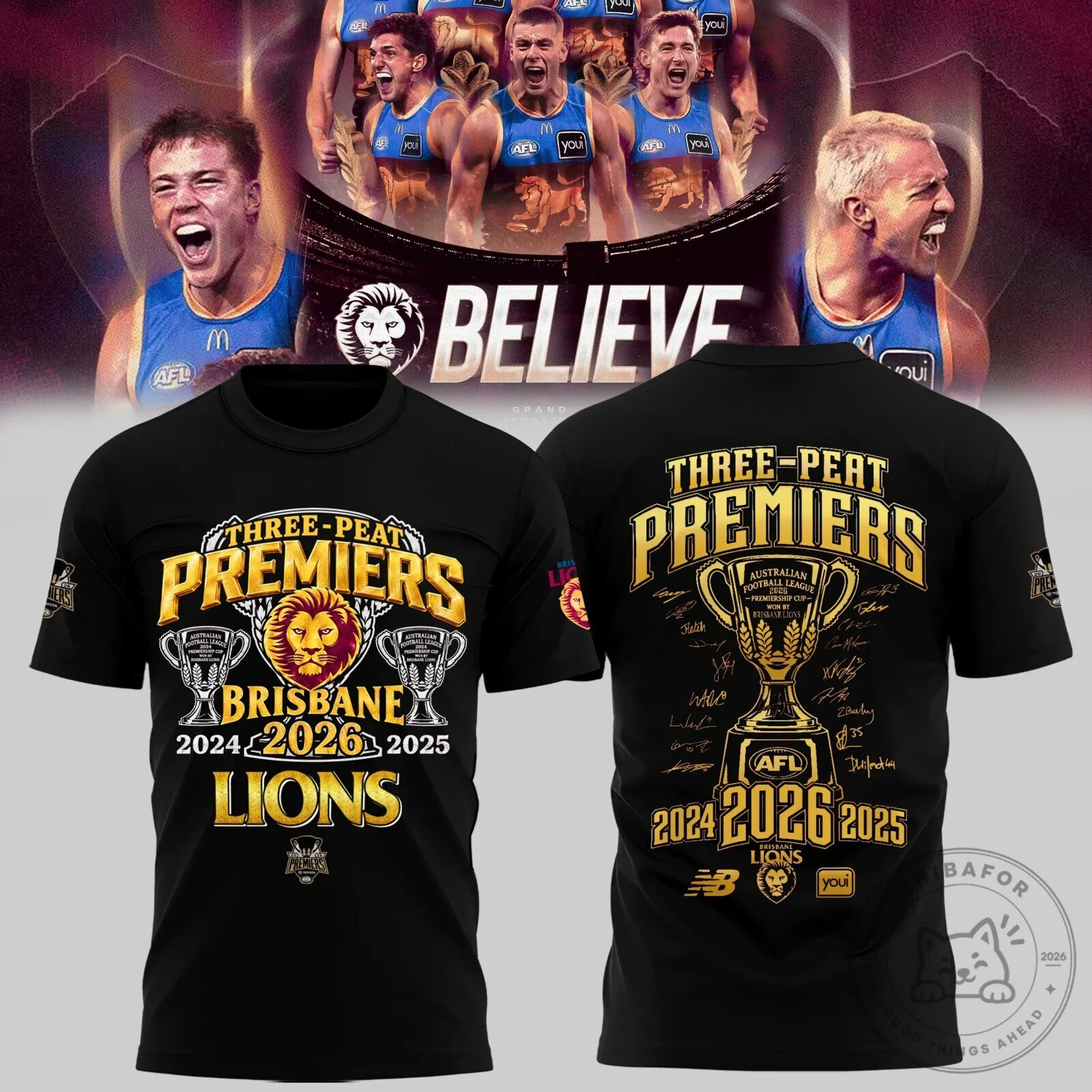 2024 2025 2026 Three-Peat Premier T-Shirt for Brisbane Lions Australian Football League Fans