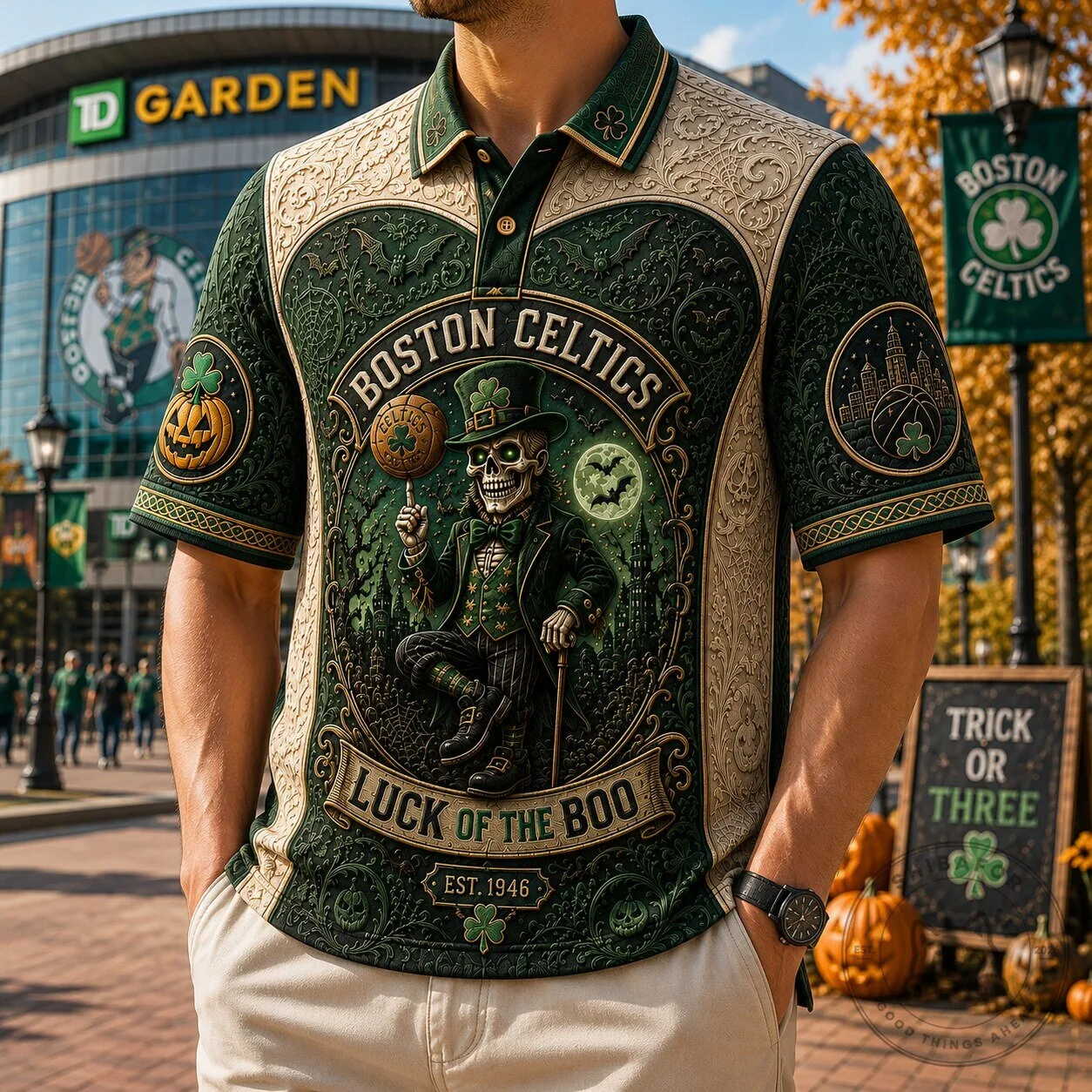 Boston Celtics Luck of the Boo Skeleton St Patrick's Day Polo Shirt