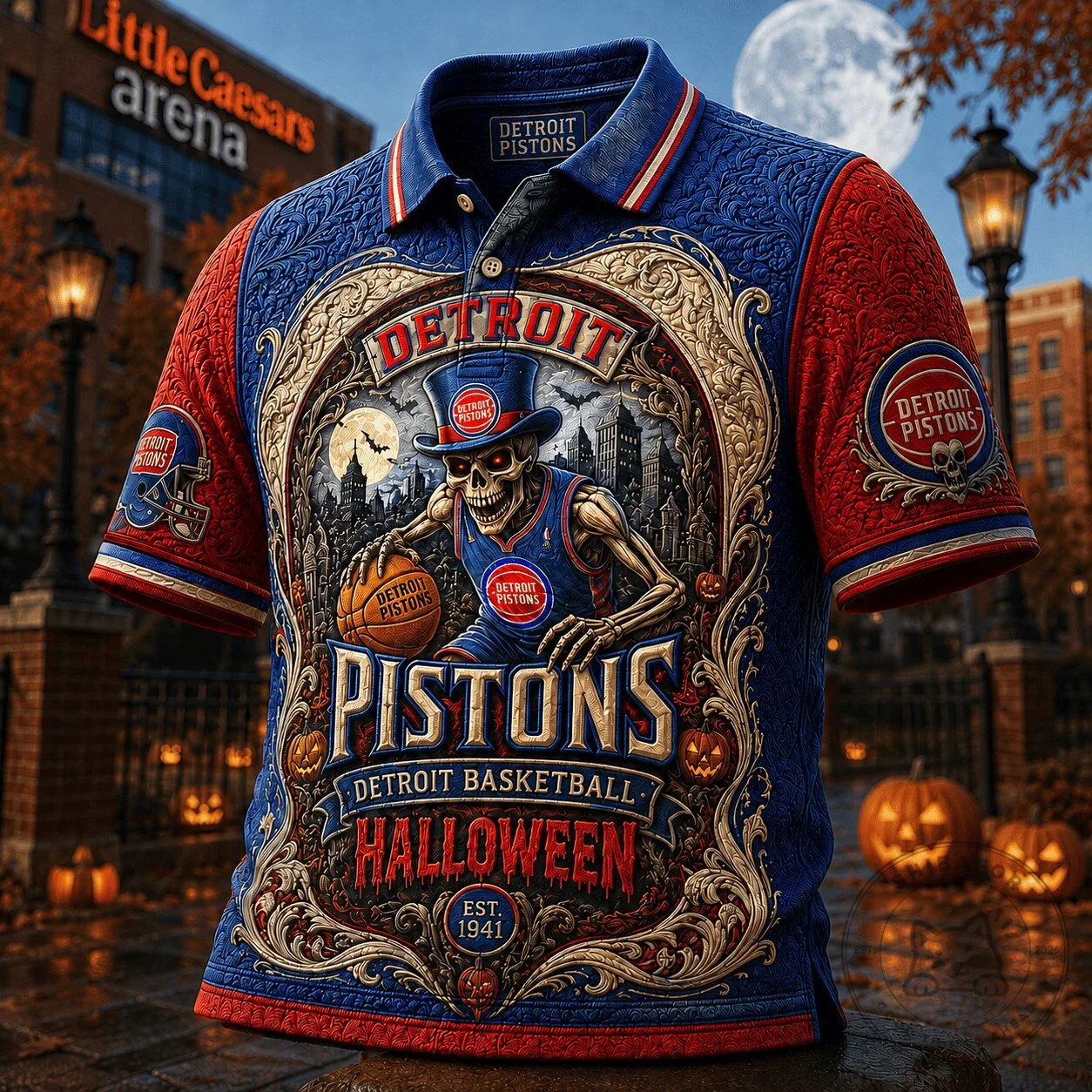 Detroit Pistons Halloween Basketball Skeleton Polo Shirt