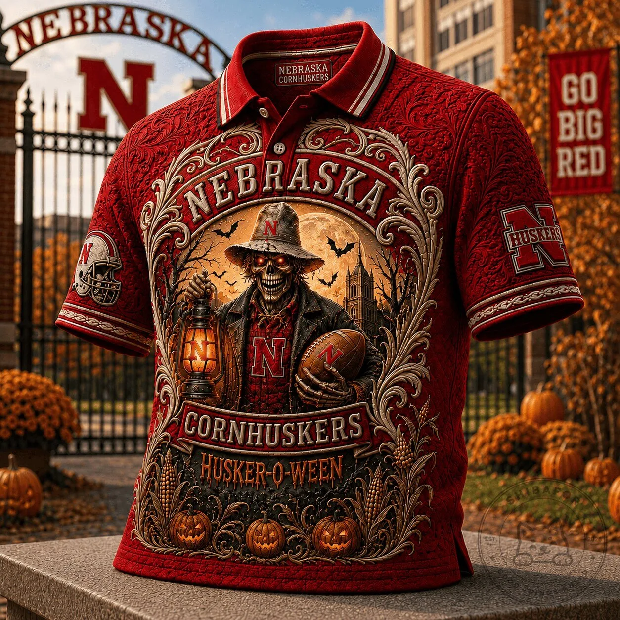 Nebraska Cornhuskers Halloween Skeleton Football Fan Polo Shirt