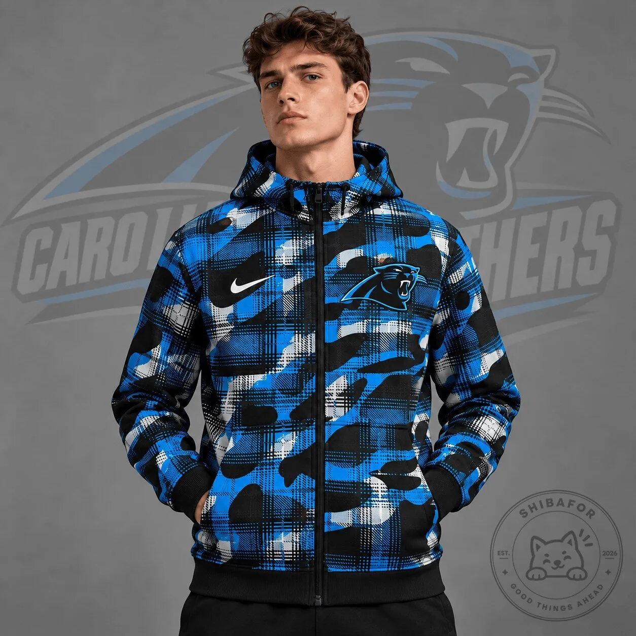 Carolina Panthers National Football League Team Crest Plaid Camouflage Full Zip Hoodie