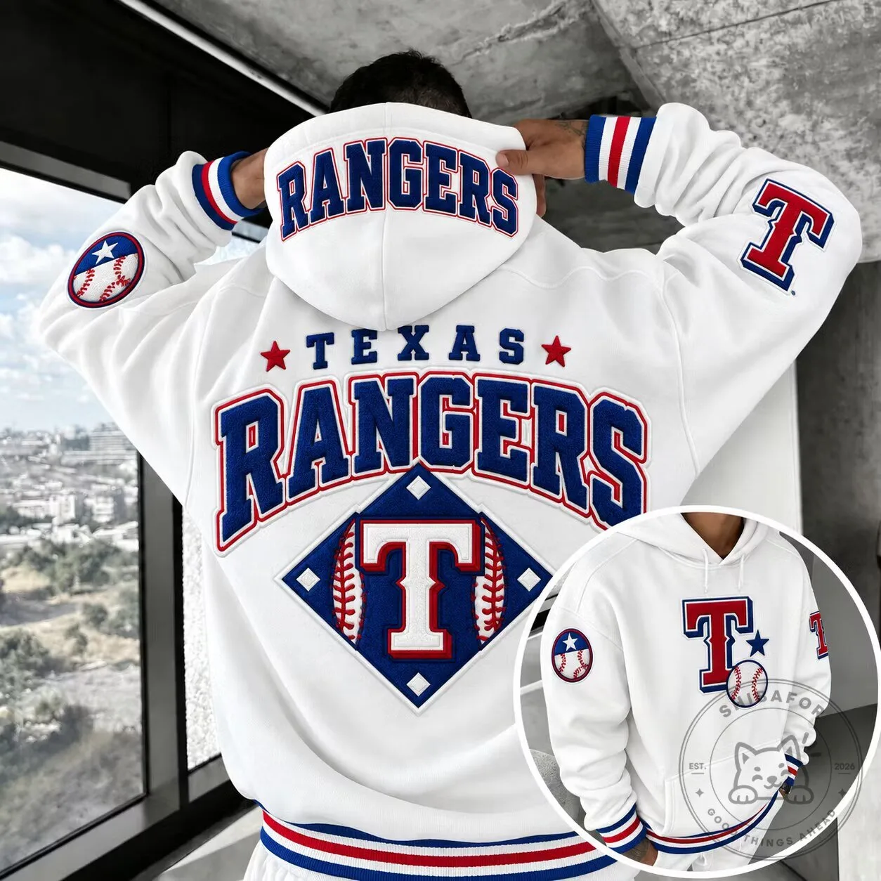 Texas Rangers Baseball Team Logo White Oversized Hoodie