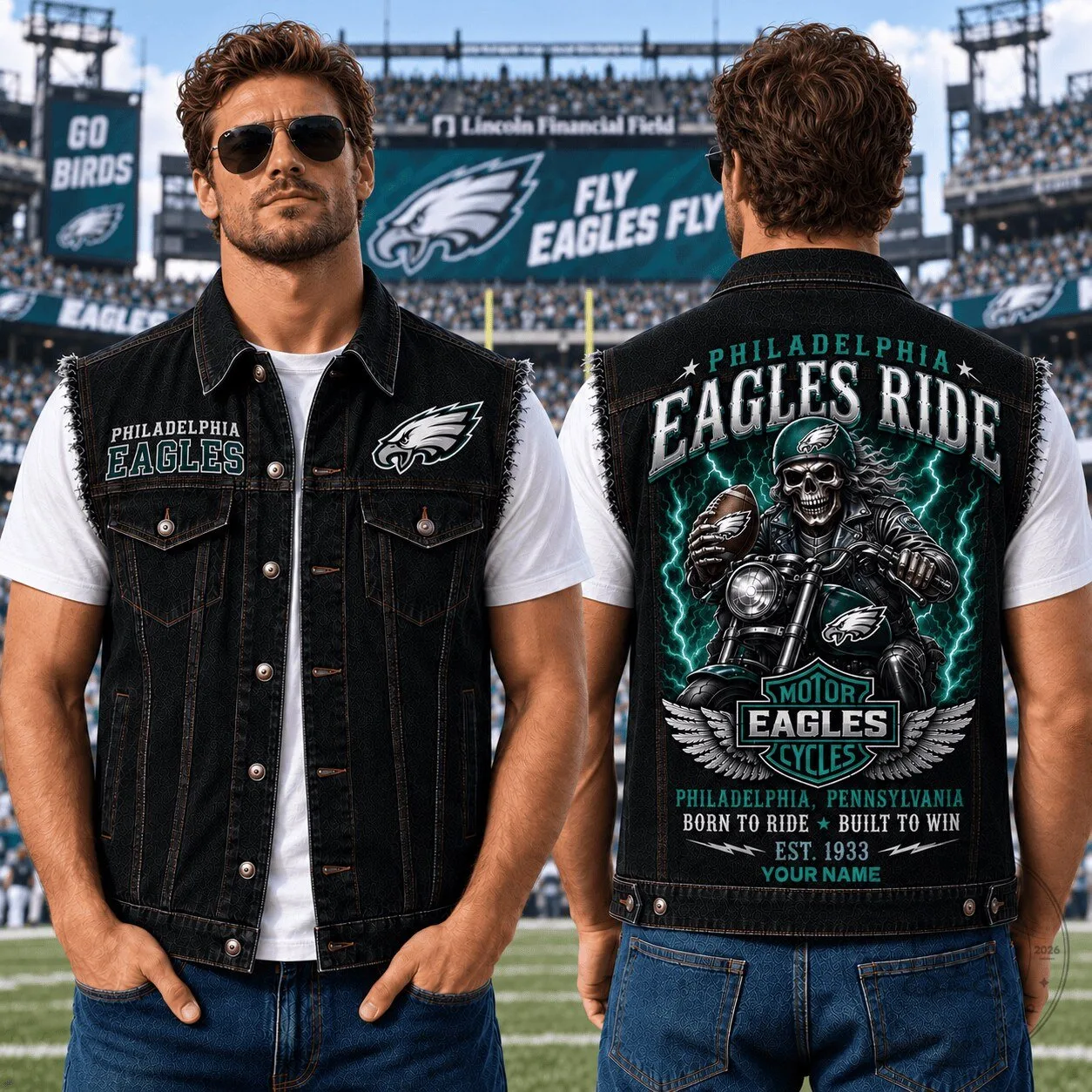 Philadelphia Eagles Fan Denim Vest Jacket with Custom Name for Men