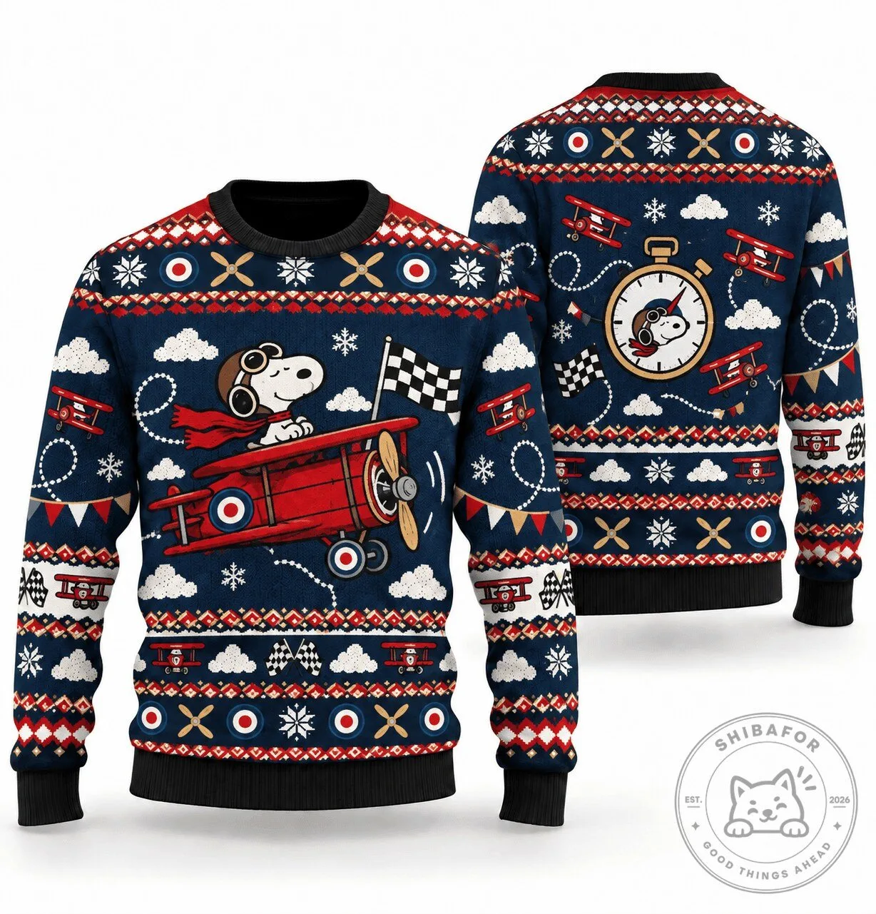 Snoopy Red Baron Race Day Ugly Christmas Sweater