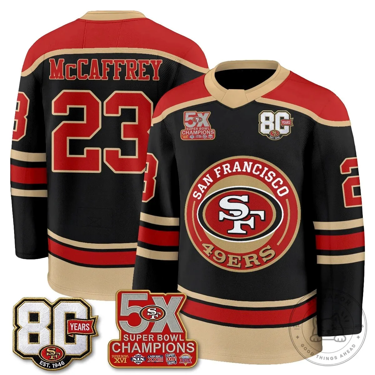 San Francisco 49ers Christian McCaffrey Black 80 Years 5X Super Bowl Champions Hockey Jersey
