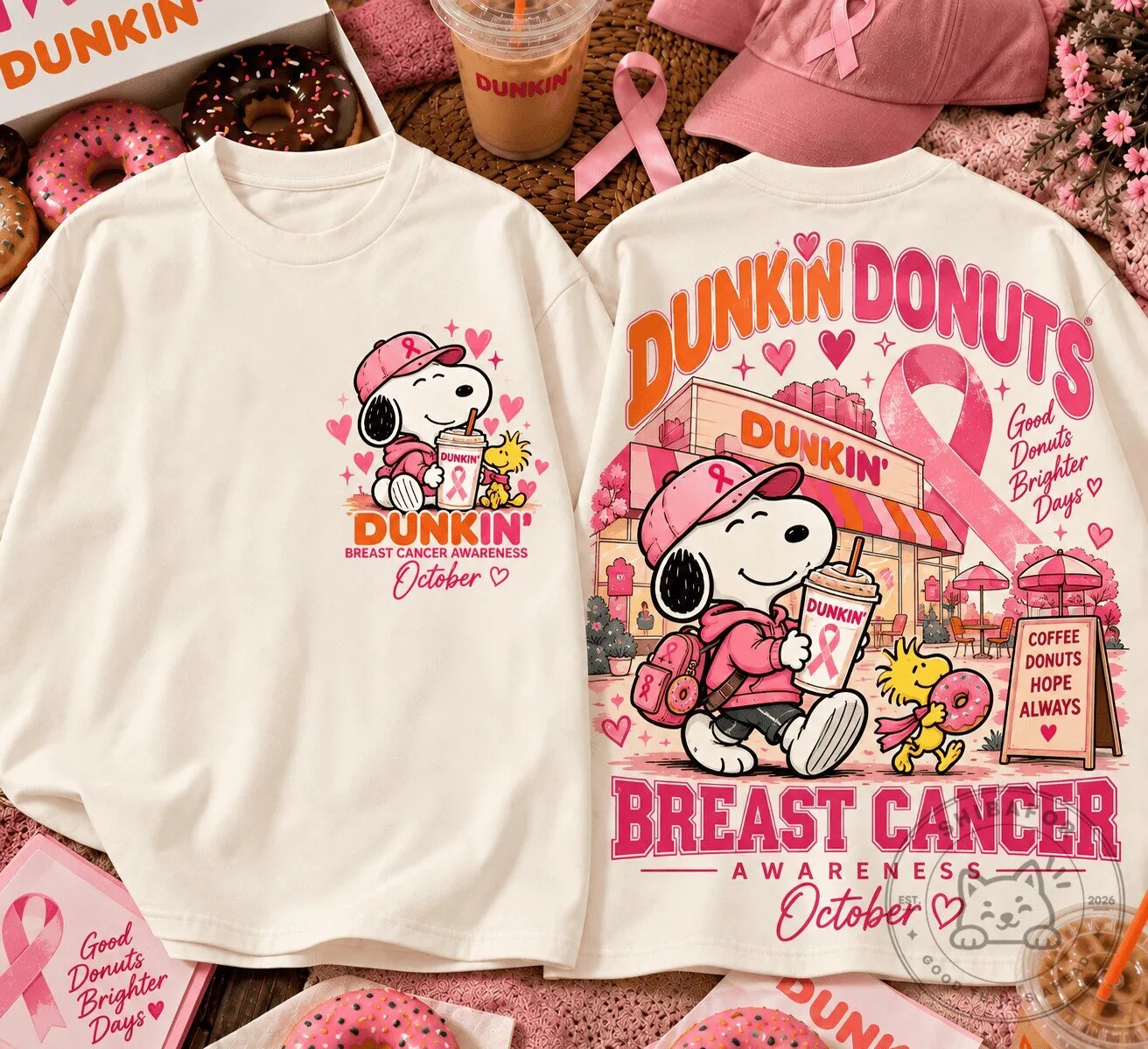 Snoopy Dunkin Donuts Breast Cancer Awareness Pink Ribbon Long-Sleeve T-Shirt