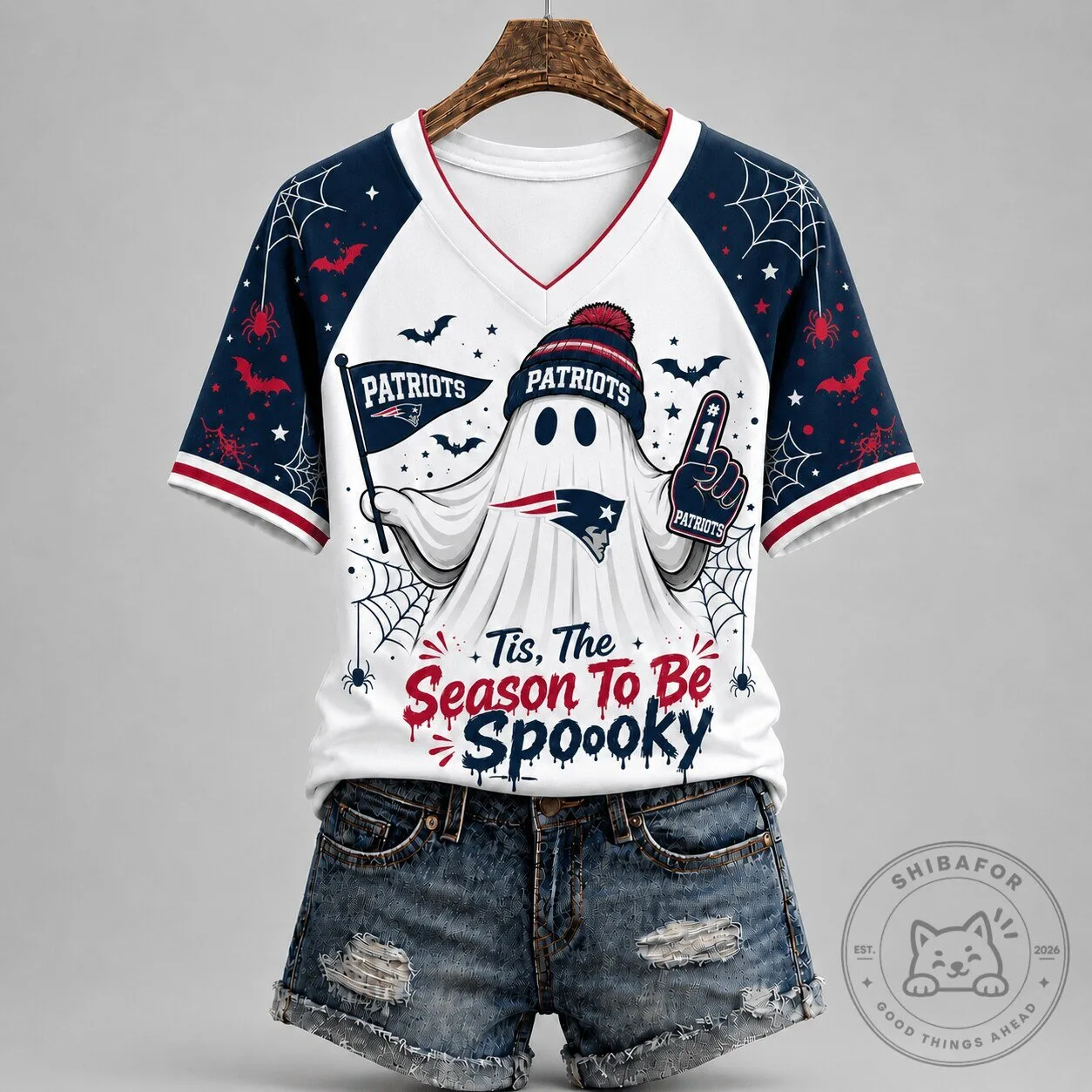 Spooky Season New England Patriots Football Ghost Fan V-Neck Short Sleeve T-Shirt