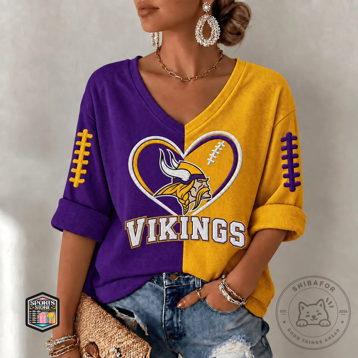 Minnesota Vikings Purple Gold Split Heart Embroidered V-Neck Long-Sleeve Shirt
