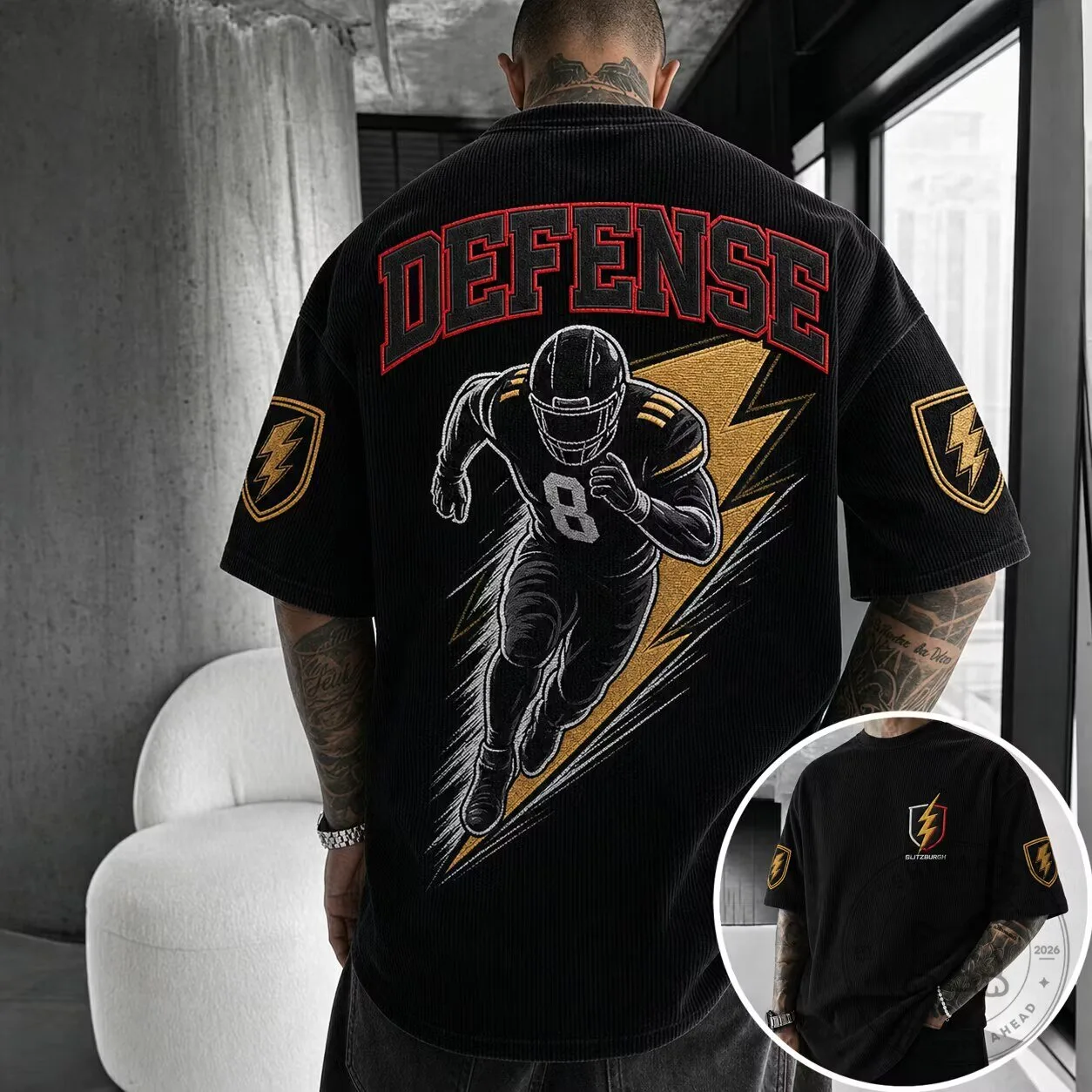 Pittsburgh Football Defense Player Graphic Black Oversized T-Shirt 1 Pittsburgh Football Defense Player Graphic Black Oversized T-Shirt