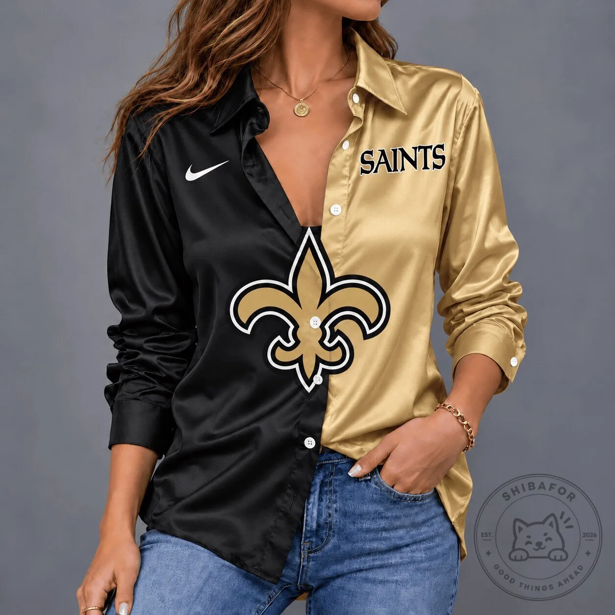 New Orleans Saints Football Team Spirit Satin Button Down Shirt