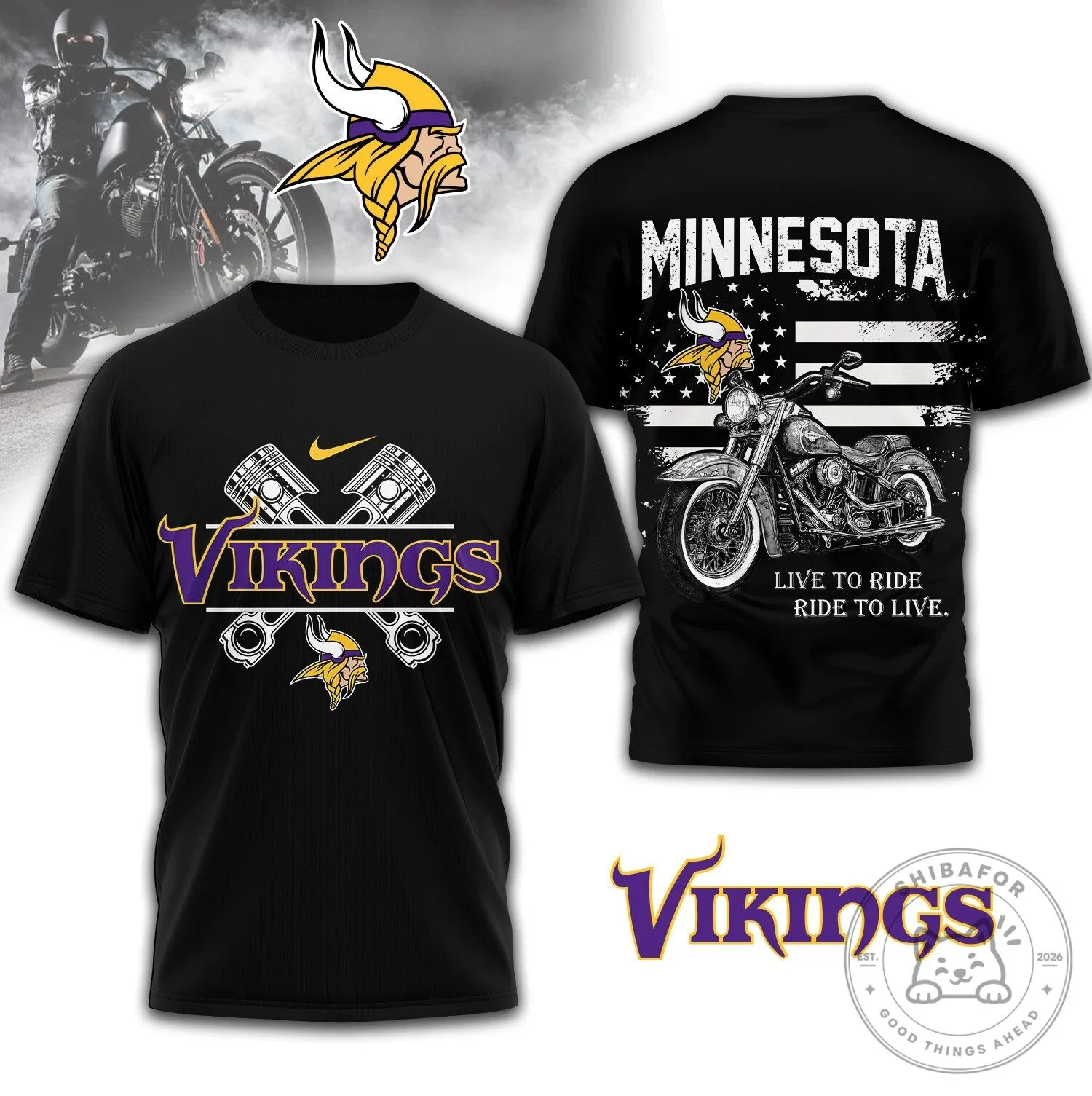 Minnesota Vikings American Flag Motorcycle Black Graphic T-Shirt