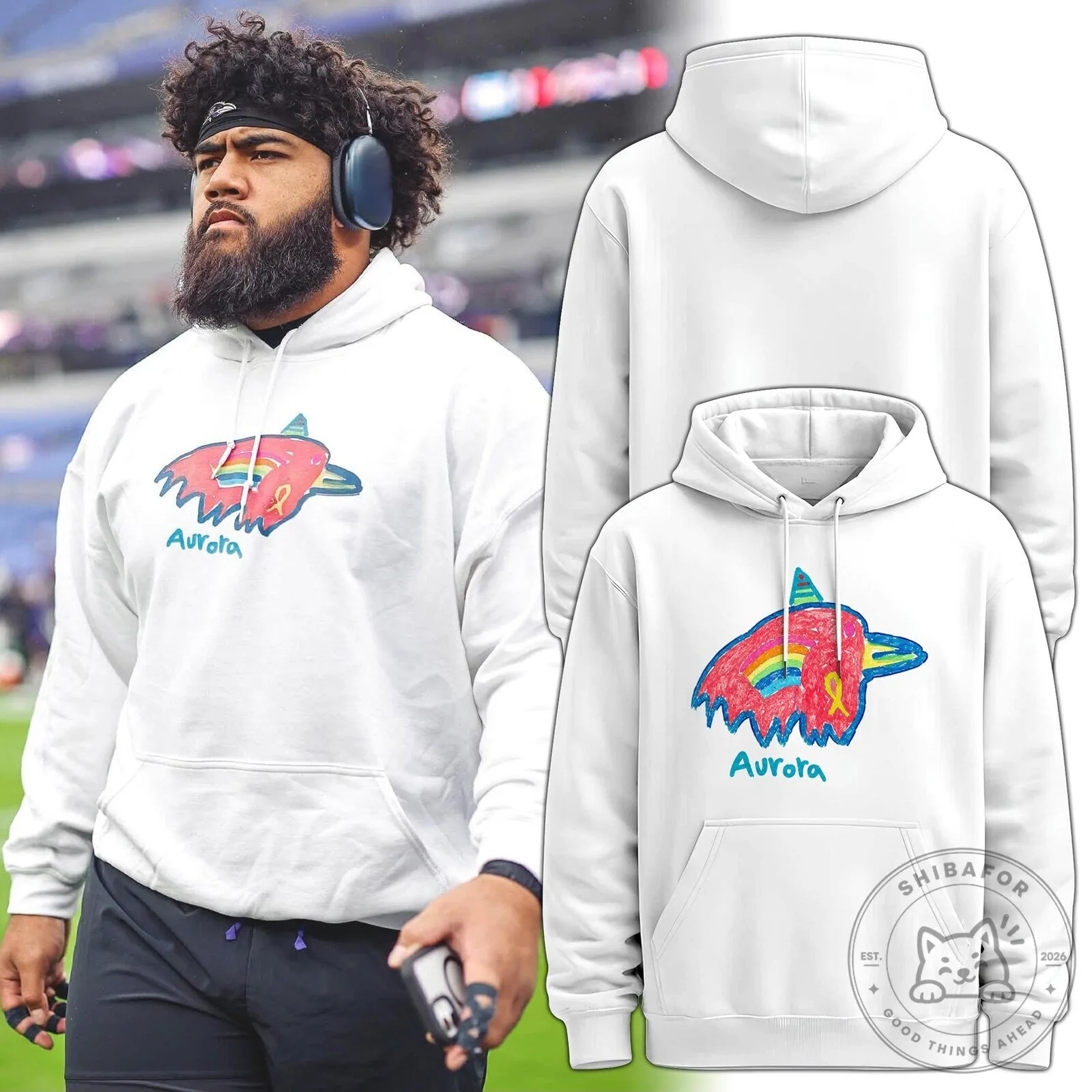 Aurora Rainbow Unicorn Dolphin Drawing Kids Art White Hoodie
