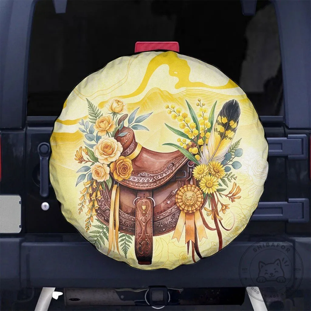 Western Horse Saddle Floral Yellow Rose Wattle Flowers Spare Tire Cover