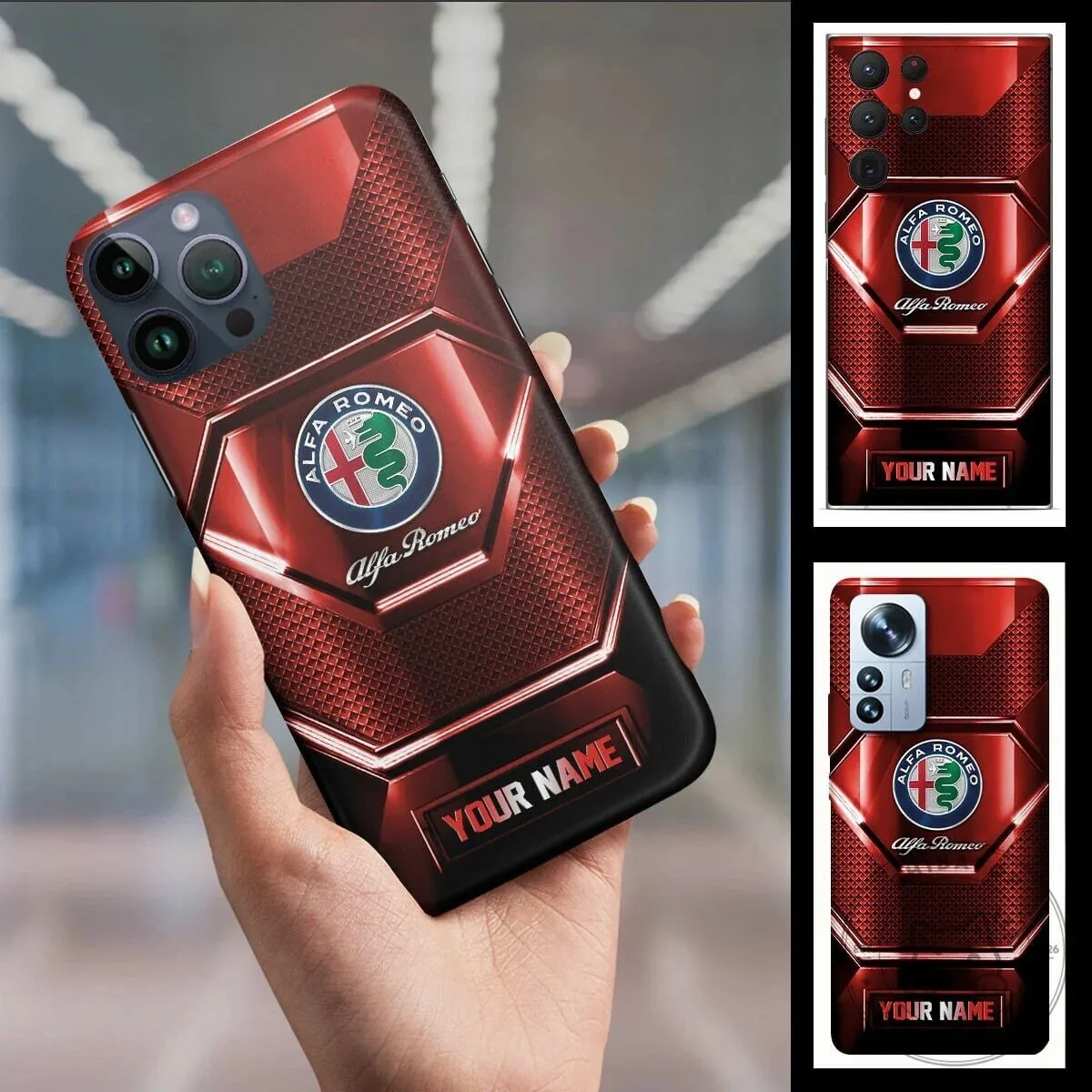 Alfa Romeo Custom Name Red Metallic Pattern Phone Case for All Phone Models