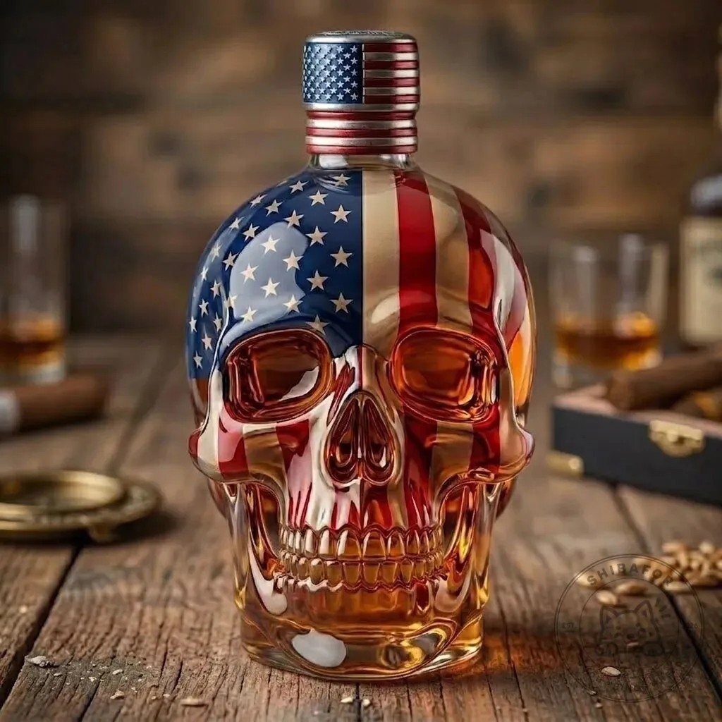 American Flag Skull Whiskey Decanter Bottle with Stars and Stripes Design
