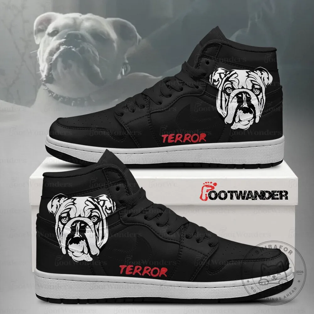Bulldog Terror Black High Top Sneakers, Custom Dog Breed Athletic Shoes