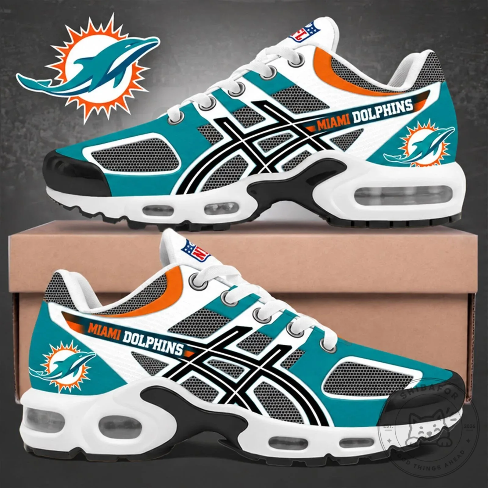 Miami Dolphins NFL Team Logo Teal Orange White Custom Sneakers