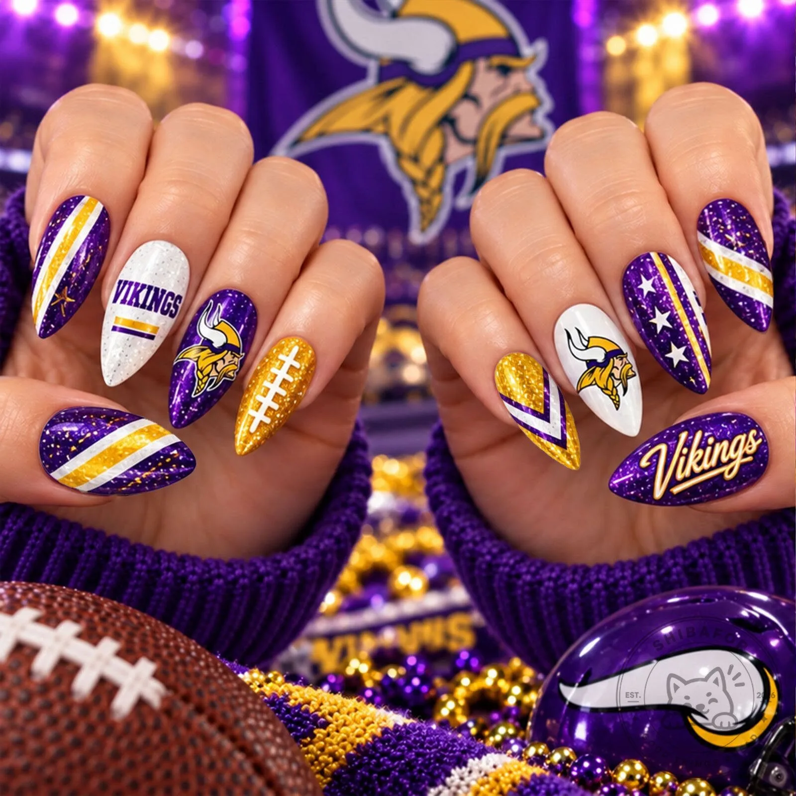 Minnesota Vikings NFL Sparkle Football Game Day Press-On Nails Set