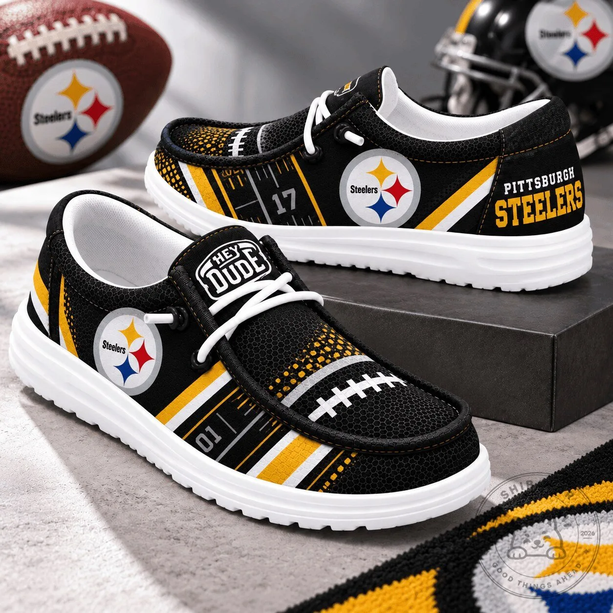 Pittsburgh Steelers Team Logo Football Pattern Black Hey Dude Style Shoes