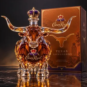 Crown Royal Texas Longhorns Whiskey Bottle Decanter with Royal Crown
