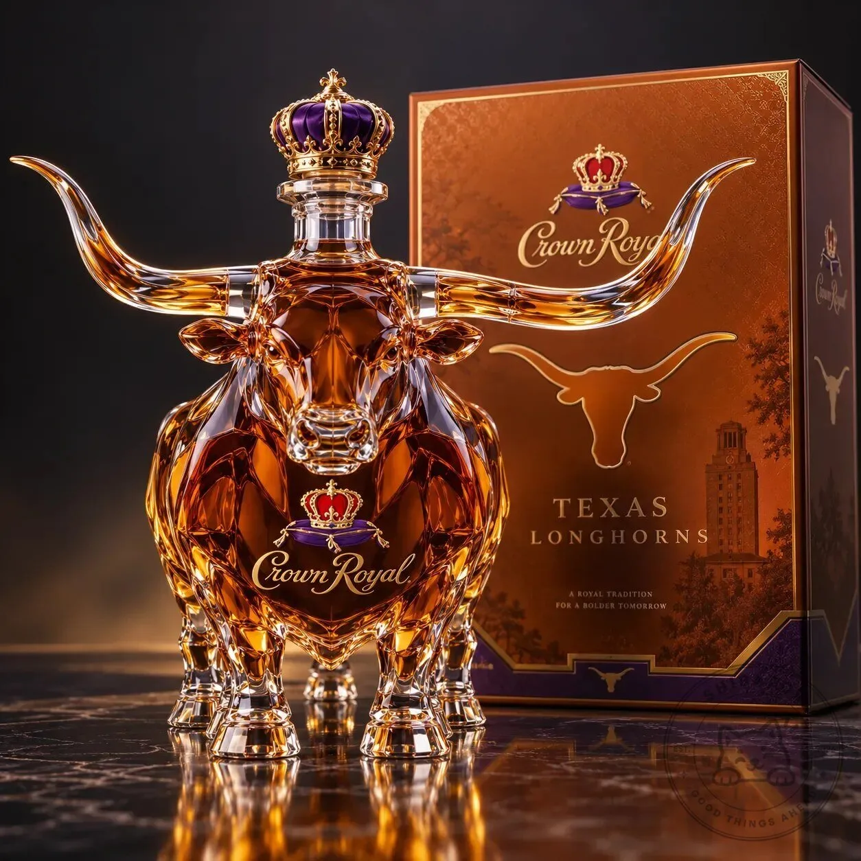 Crown Royal Texas Longhorns Whiskey Bottle Decanter with Royal Crown