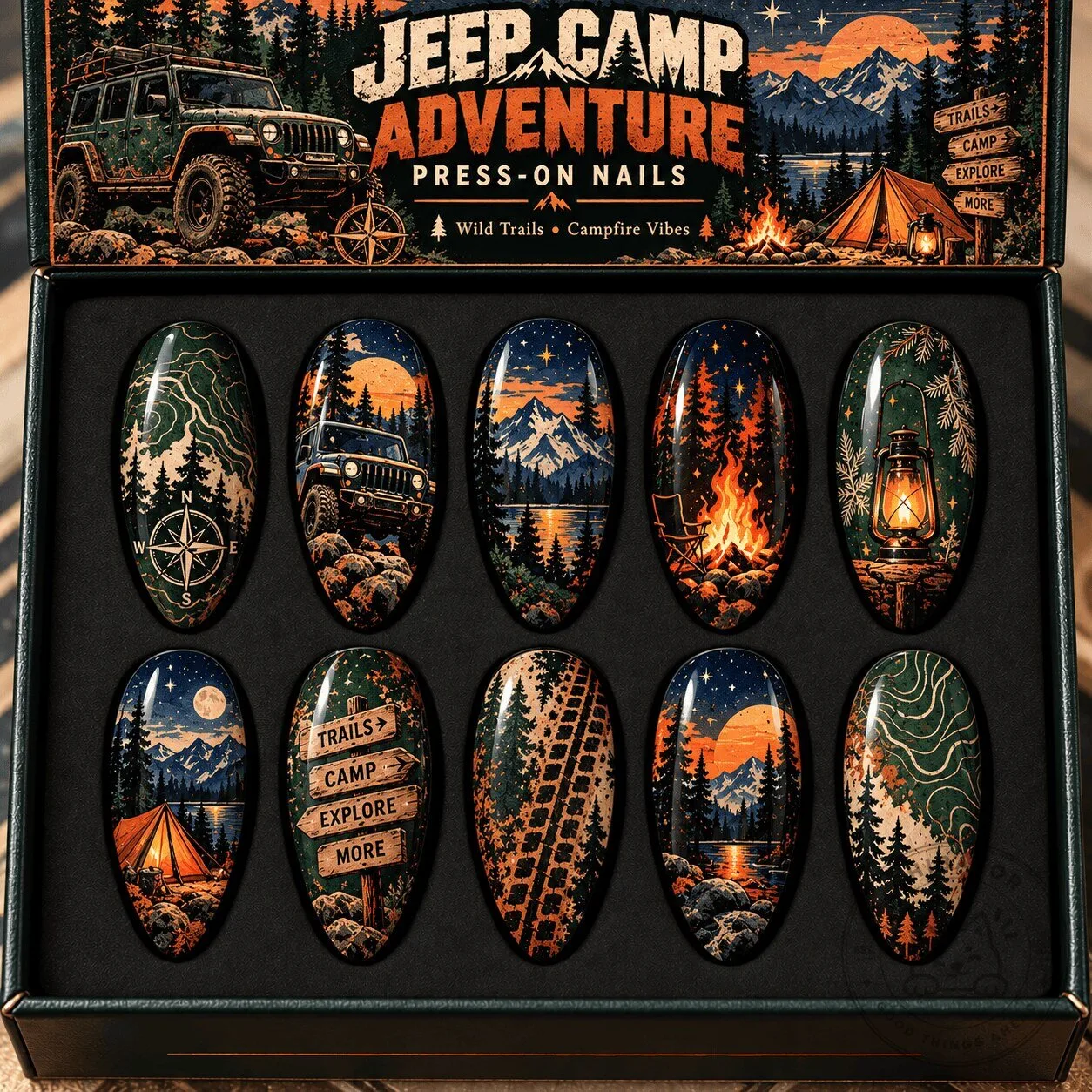 Jeep Camp Adventure Campfires and Forest Trails Press On Nails Set 1 Jeep Camp Adventure Campfires and Forest Trails Press On Nails Set
