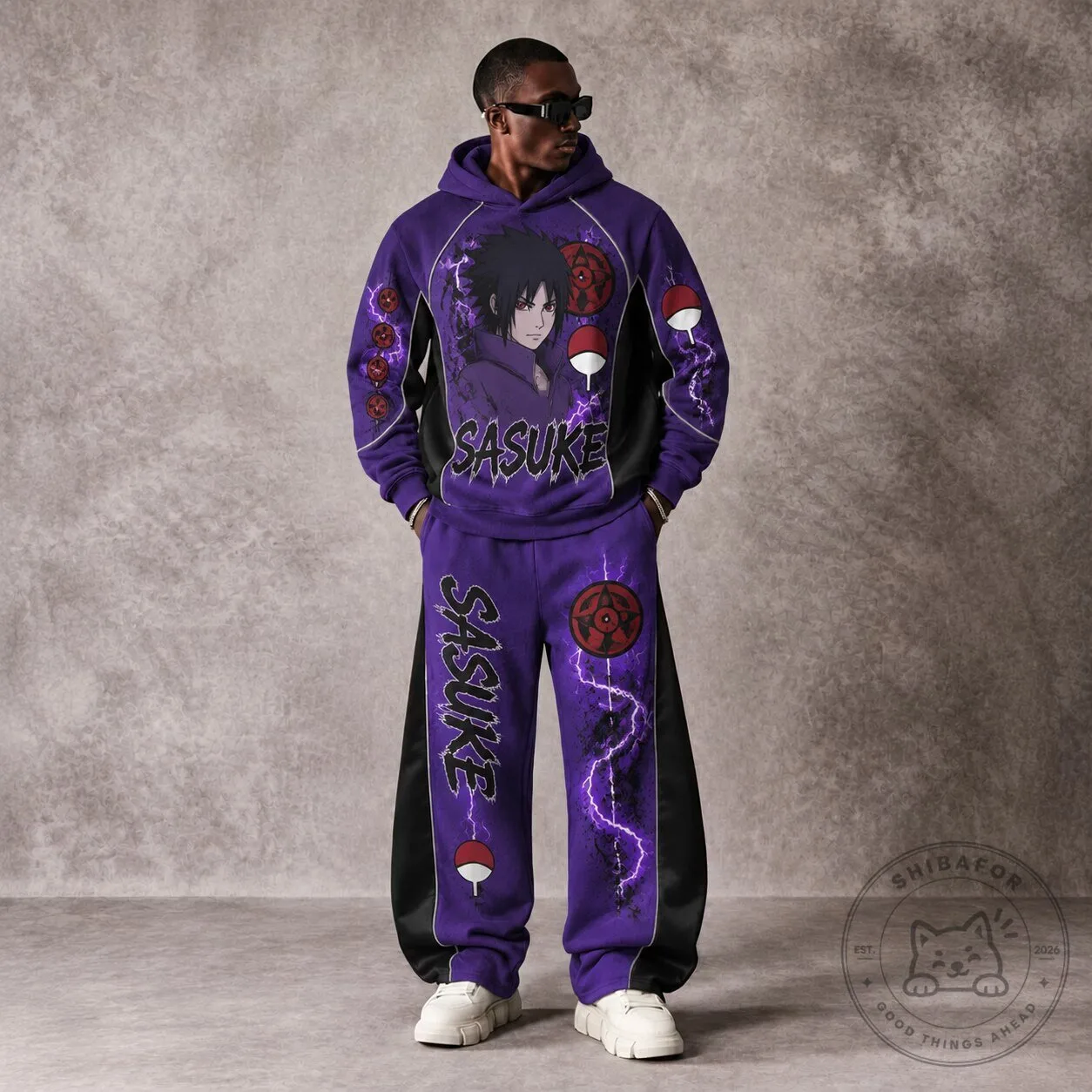Naruto Sasuke Uchiha Purple Lightning Graphic Print Hoodie for Men