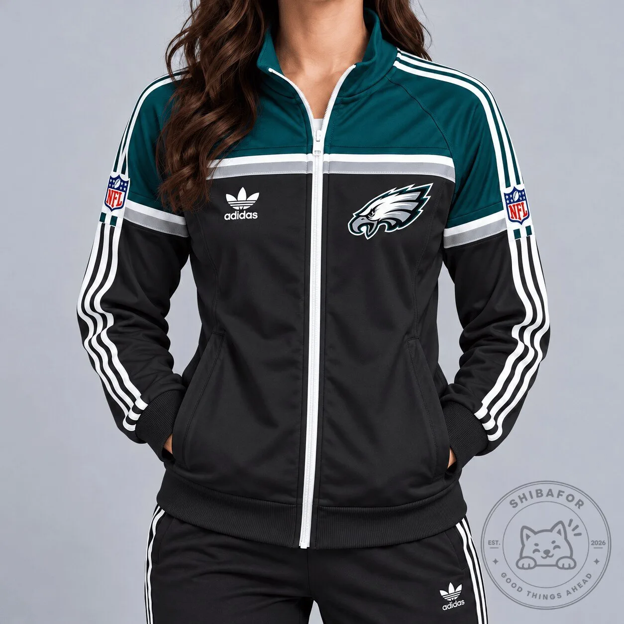 Philadelphia Eagles Adidas Black Full-Zip Track Jacket with White Stripes