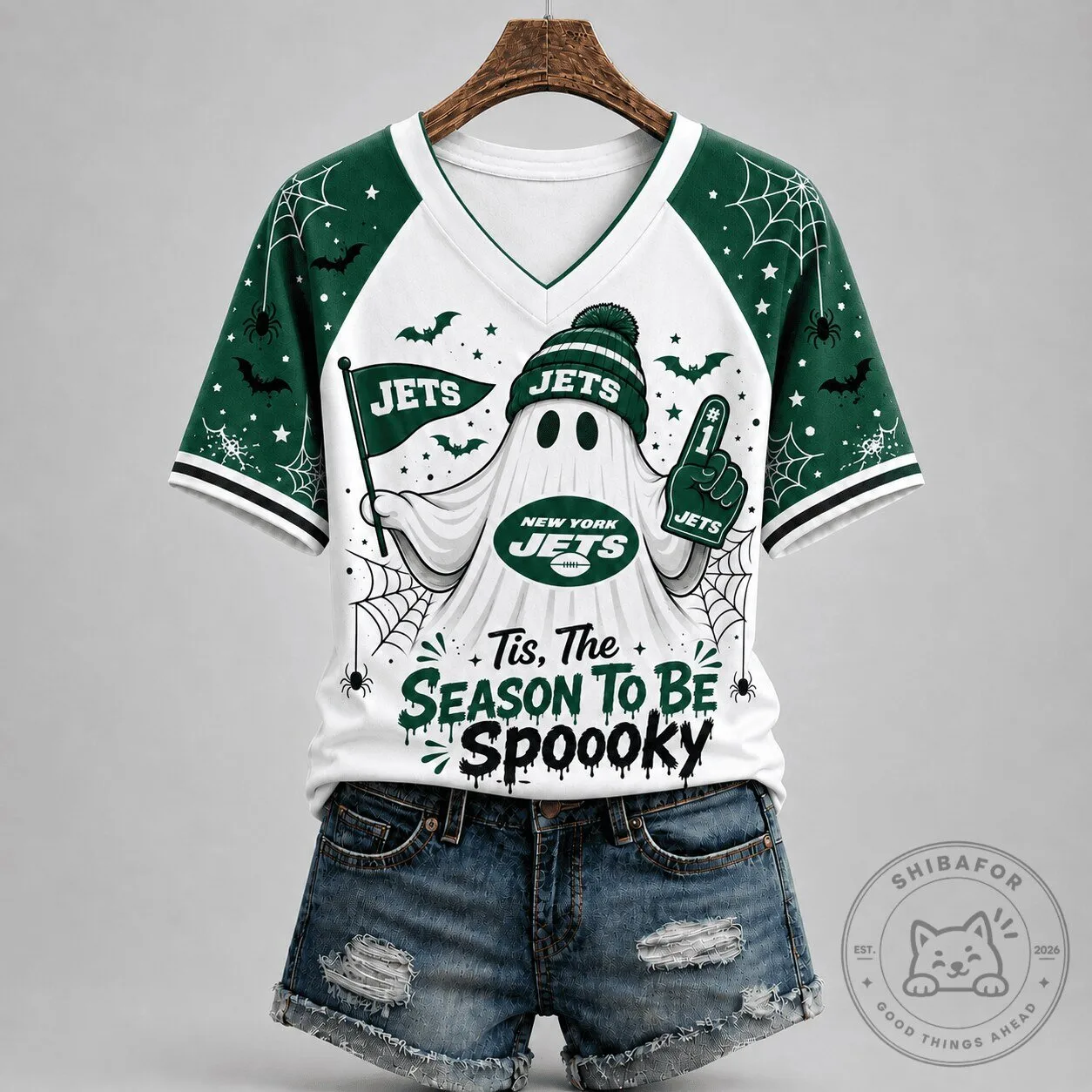 New York Jets Halloween Ghost Spooky Season Game Day V-Neck T-Shirt