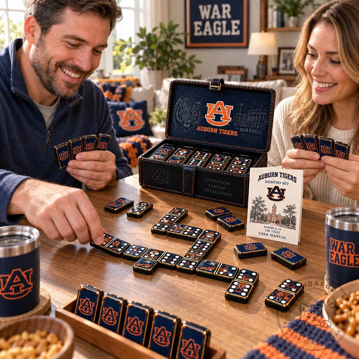 Auburn Tigers Double-15 Premium Domino Set with War Eagle Logo