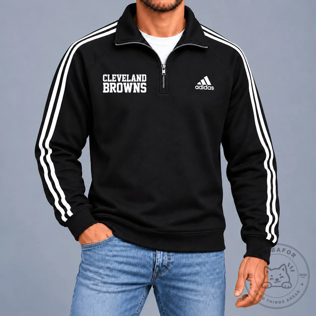 Cleveland Browns Adidas Quarter-Zip Black and White Stripe Sweatshirt