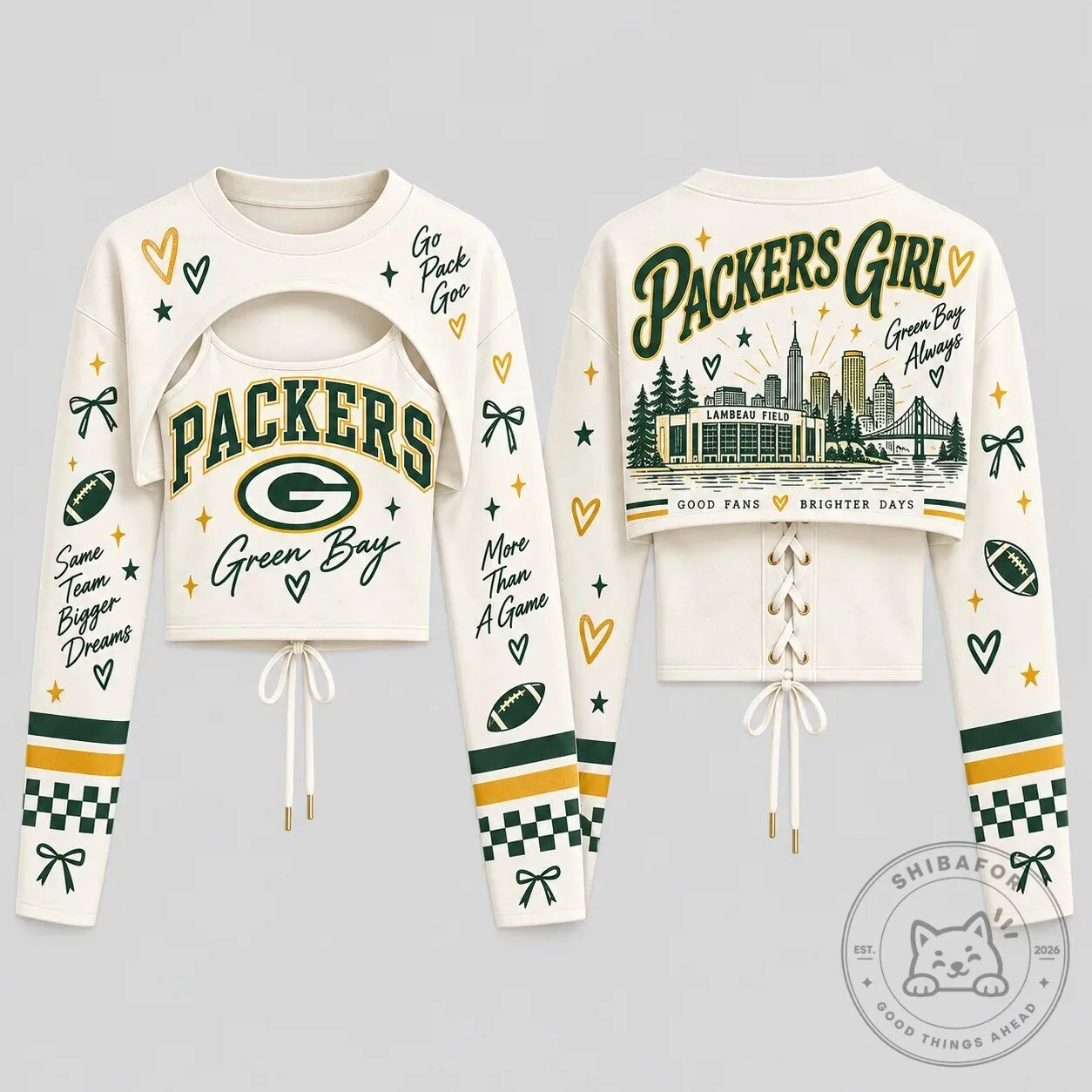 Green Bay Packers Girl Lambeau Field Cropped Long Sleeve Top with Cami Set