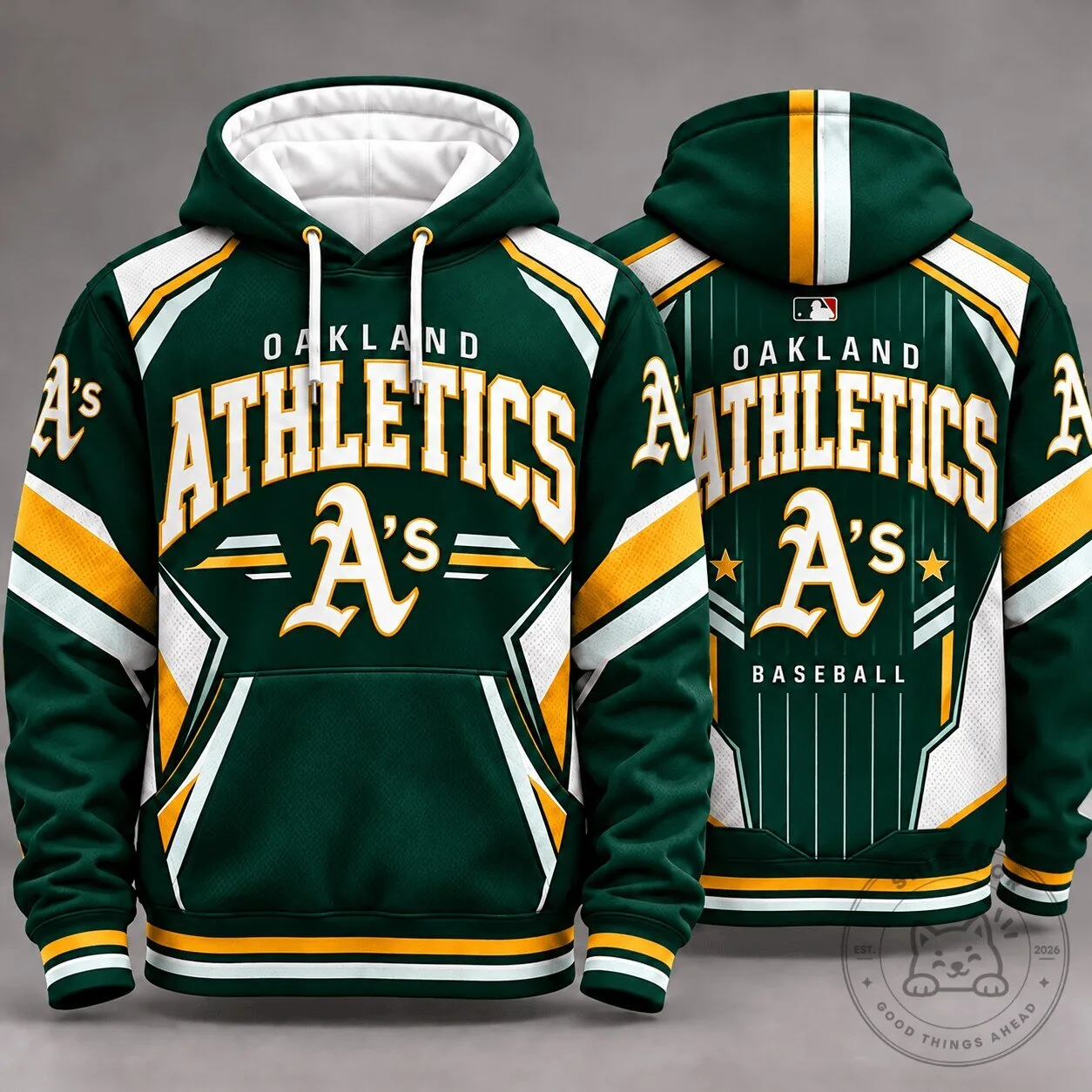 Oakland Athletics Baseball Team Green White Yellow Stripes Hoodie