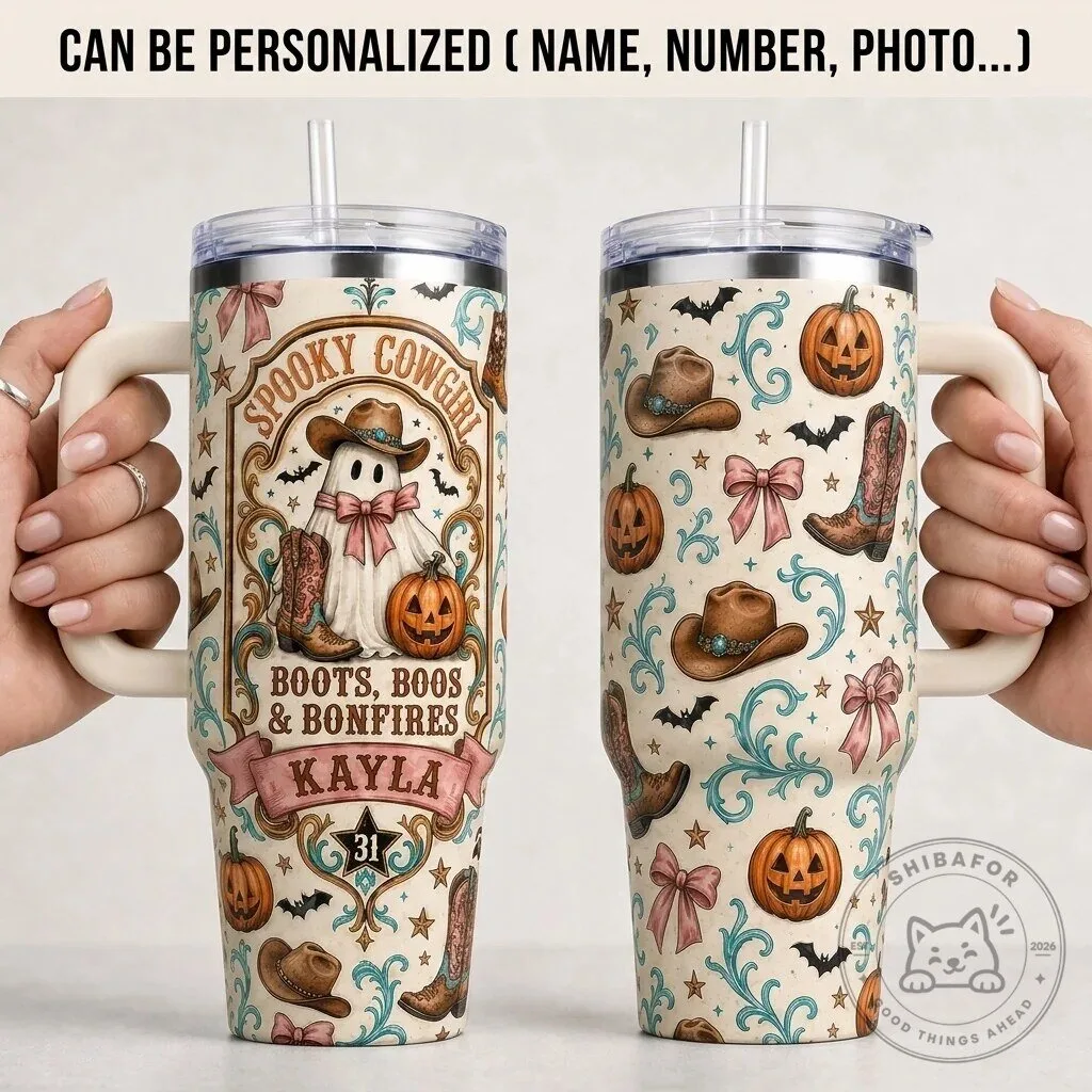 Spooky Cowgirl Halloween Boots and Bonfires Personalized Tumbler