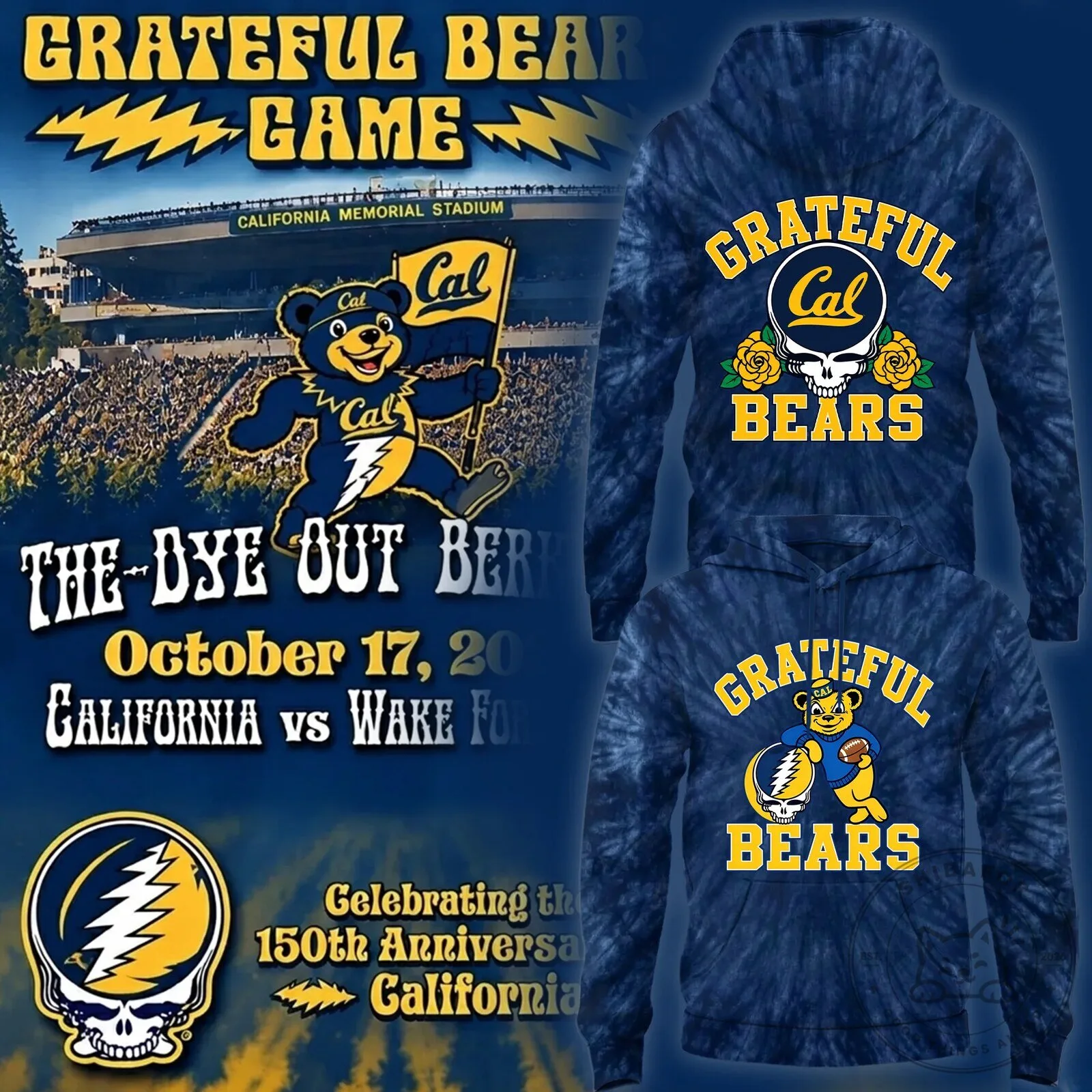 Cal Football Grateful Dead Tie-Dye Blue Bears Hoodie