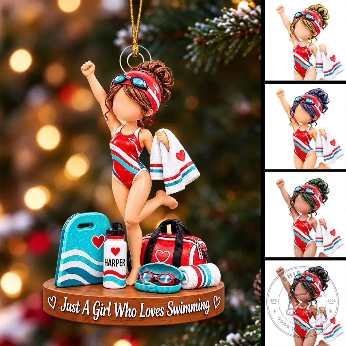 Personalized Swimming Girl Christmas Tree Ornament with Custom Name