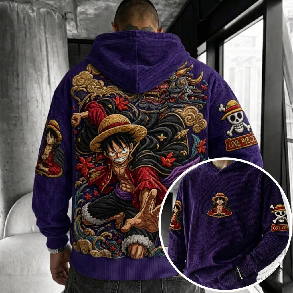 One Piece Monkey D. Luffy Anime Corduroy Oversized Purple Hoodie
