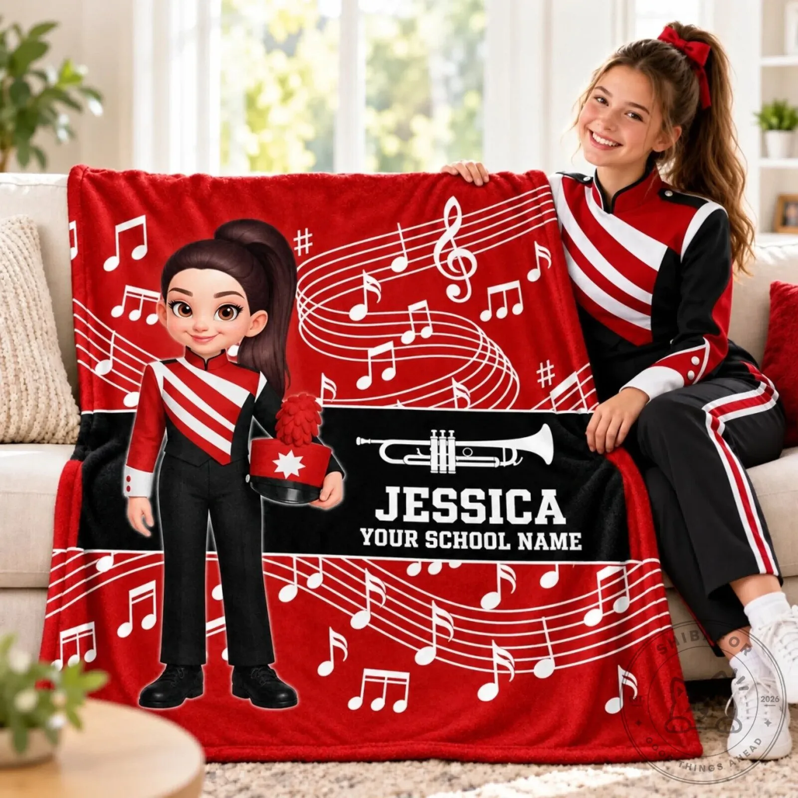 Personalized Marching Band Girl Music Notes School Name Blanket